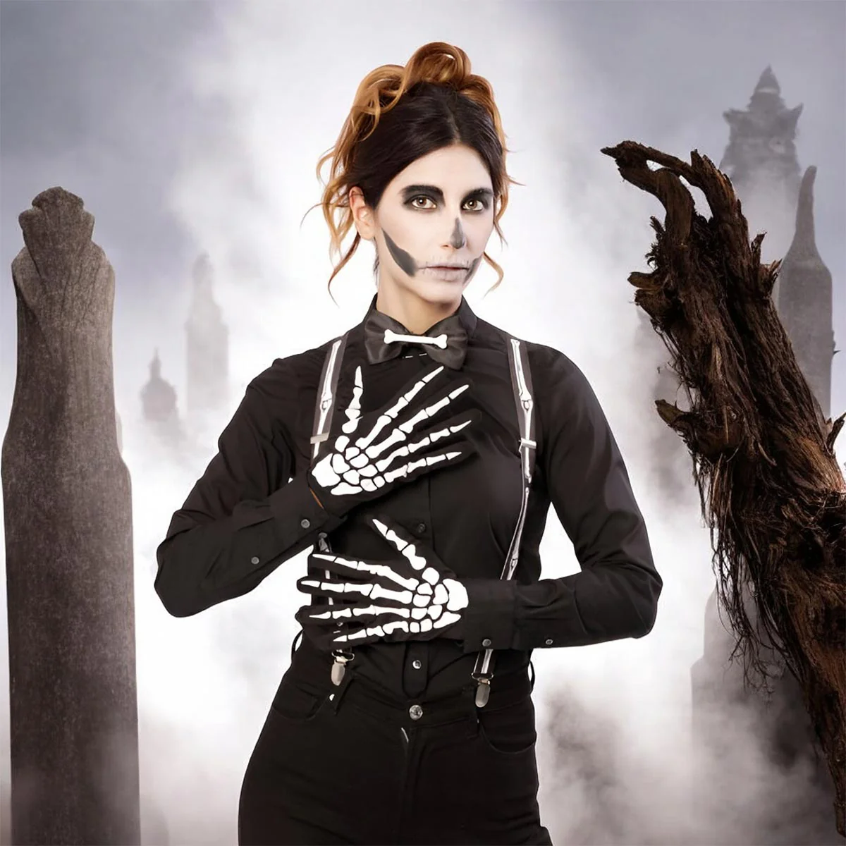 Set Esqueleto Halloween Tirantes Guantes Moño Hueso Accesorios OF-1292 - Imagen 3